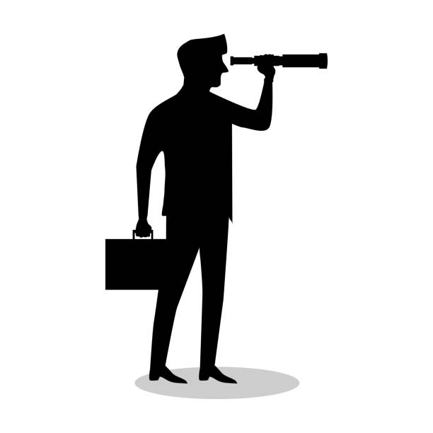 Silhouette A business man standing in the hand Use a telescope to look into the distance. Business vision Silhouette A business man standing in the hand Use a telescope to look into the distance. Business vision binoculars silhouettes stock illustrations