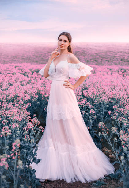 Glamour woman bride fashion model. white long vintage wedding dress. Princess medieval lady in elegant bridal clothes trendy boho style. Meadow pink flowers. spring nature flowering blooming field Glamour woman bride fashion model. white long vintage wedding dress. Princess medieval lady in elegant bridal clothes trendy boho style. Meadow pink flowers. spring nature flowering blooming field pink gown stock pictures, royalty-free photos & images
