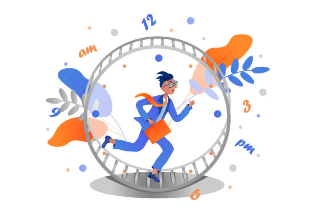 istock Business man runs rat race in hamster wheel clock. Metaphor of time management. 1268243044