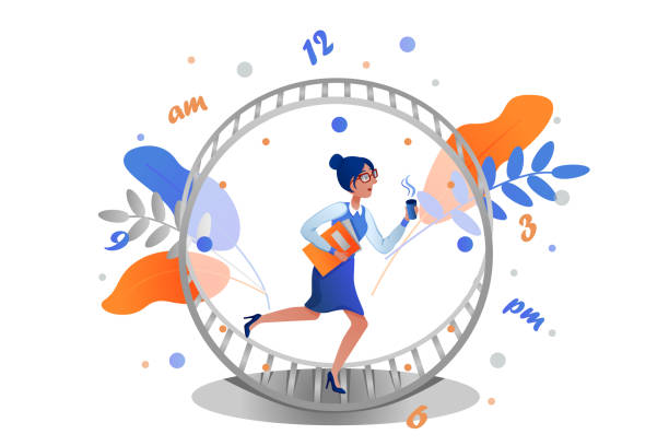 Business woman runs rat race in hamster wheel clock. Metaphor of time management. Business woman with coffee and paper running in a hamster wheel as rat race. Concept of busy business people. tired woman coffee stock illustrations