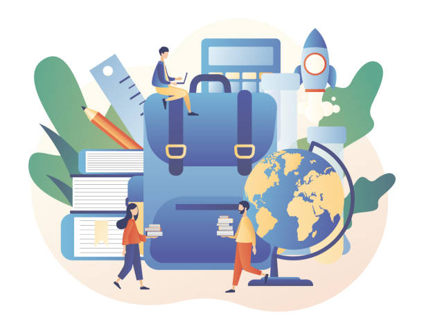 Back to School. Education concept. Tiny people with huge backpack, educational tools, calculator, school stationery, globe and books. Modern flat cartoon style. Vector illustration on white background Back to School. Education concept. Tiny people with huge backpack, educational tools, calculator, school stationery, globe and books. Modern flat cartoon style. Vector illustration middle school reading stock illustrations