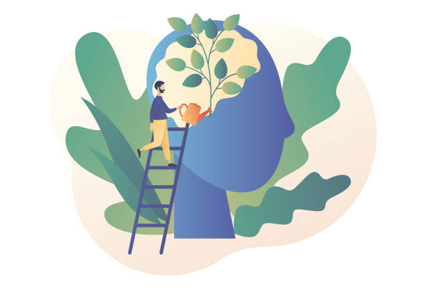 ilustraciones, imágenes clip art, dibujos animados e iconos de stock de crecimiento personal. concepto de auto-mejora y autodesinteresado. hombre diminuto regando esa planta en crecimiento del cerebro como metáfora de la personalidad de crecimiento. estilo moderno de dibujos animados planos. ilustración vectorial - plant improvement aspirations growth