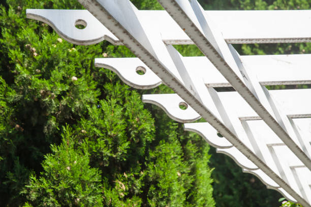 Wooden sunshade structure at sunny summer day, white patio roof construction