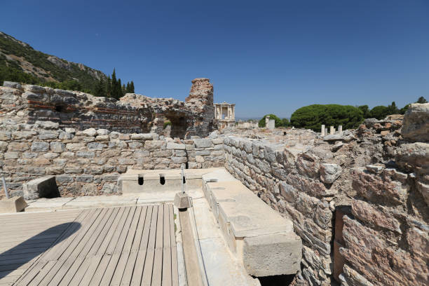 public toilets of ephesus ancient city, izmir city, turkey - toilet public restroom ephesus history imagens e fotografias de stock