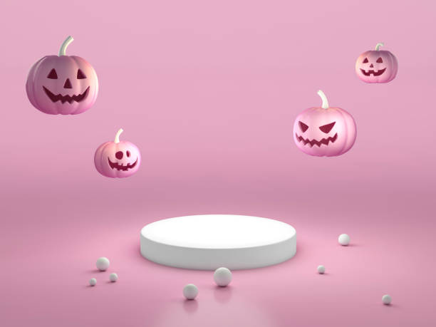 istock Pink Halloween pumpkin with podium display stand on pastel background 3d rendering. 3d illustration sweet pumpkin for celebration luxury Halloween event template minimal style concept. 1268246389
