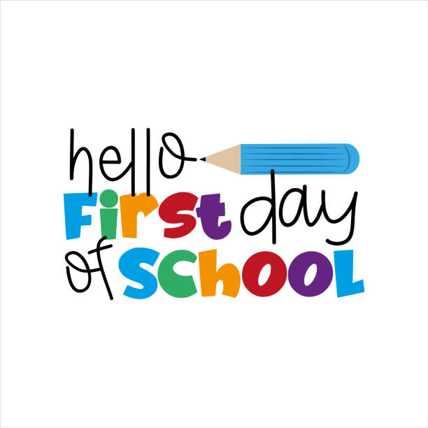 ilustrações, clipart, desenhos animados e ícones de olá primeiro dia de aula- texto para crianças. ilustração vetorial. - first day of school