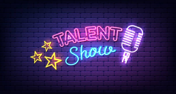 талант показать неоновый вектор знака. шаблон talent show design, световой баннер, ночная вывеска, ночная яркая реклама, светлая надпись. векторная � - music microphone singer stage stock illustrations