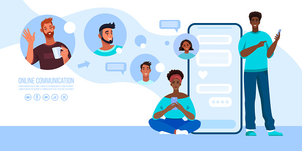 Online teamwork and internet communication illustration. Group chat concept with smiling people