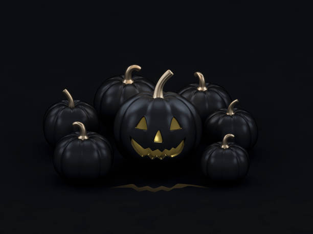 istock Black Halloween pumpkin with candle light inside and pumpkins in dark room 3d rendering. 3d illustration luxury pumpkin for celebration Halloween event template minimal style concept. 1268248201