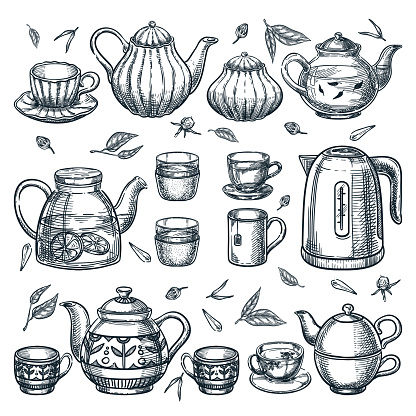 Teapots and tea cups collection. Vector hand drawn sketch illustration. Ceramic, glass, porcelain utensil icons set. Kitchenware and home decoration isolated design elements