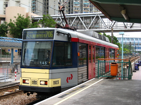 Light Rail train on route number 706 Tin Shui Wai (Clockwise Circular) in northwestern New Territories, Hong Kong.