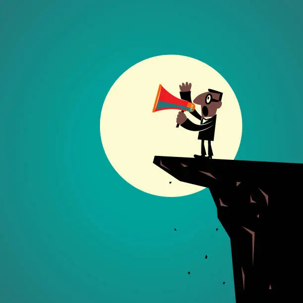 Vector illustration of African-american ethnicity businessman standing at the edge of the cliff and shouting with megaphone to let out his emotion or to make a wish to the universe