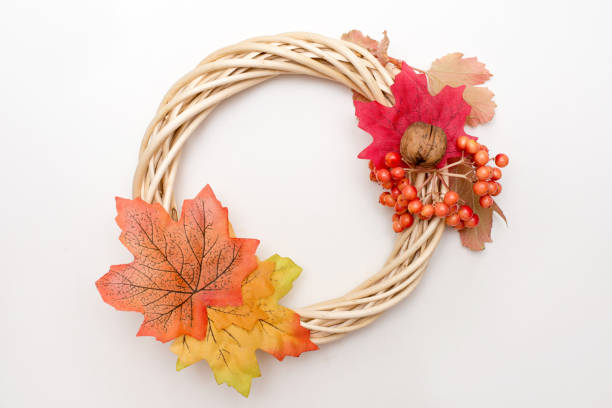 Autumn composition. Handmade autumn wreath. Top view, flat lay
