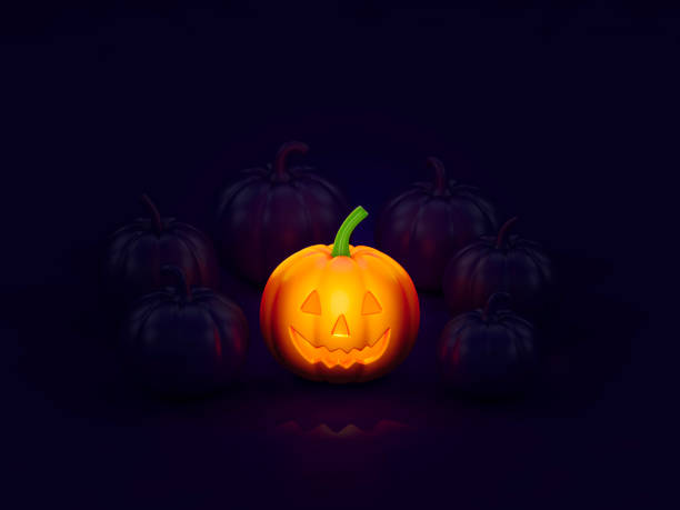 istock Halloween pumpkin with candle light inside and violet pumpkins in dark room 3d rendering. 3d illustration pumpkin in the night for celebration Halloween event template minimal style concept. 1268249772