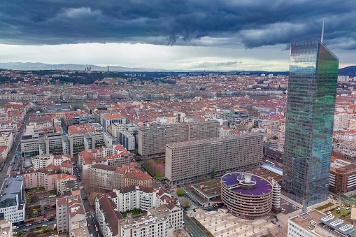 Aerial view of the city from a skyscraper. Lyon. France.