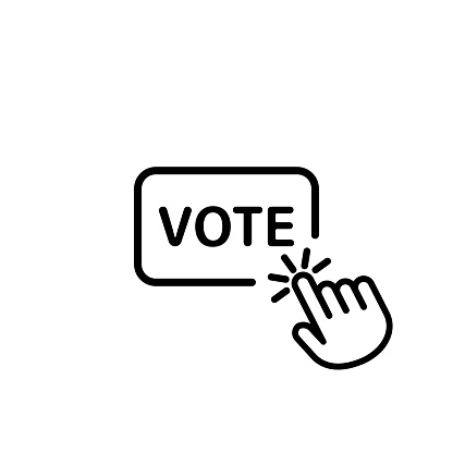 Hand clicks on vote button line icon. Vector on isolated white background. EPS 10.