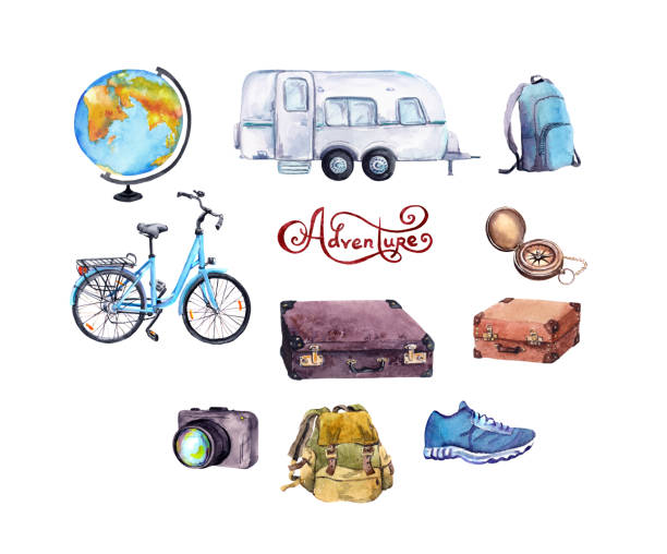 istock Set of travel elements - globe, compass, bicycle, trailer, suitcase, backpack. Watercolor collection with text Adventure 1268252301