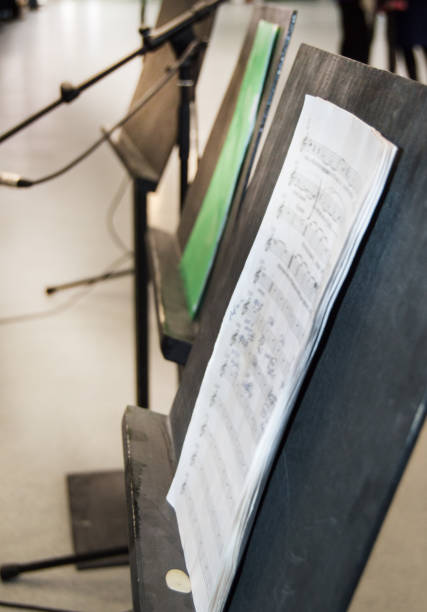 istock Musical notes on a music stand on a blurred background, vertical, DOF, side view 1268253545