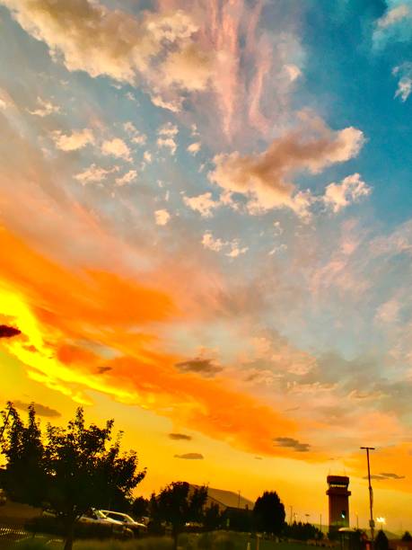 breathtaking pink and orange vivid sunset with the control tower