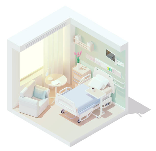 Vector isometric cozy hospital room Vector isometric low poly cozy hospital room. Clinic interior. Hospital bed, seat for visitor, heart rate monitor and other equipment hospital ward stock illustrations