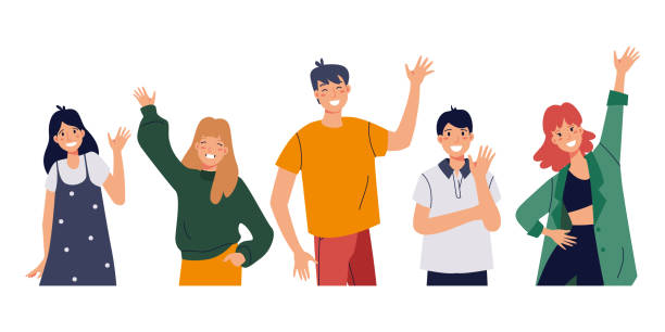 People_group-02 People greeting gesture. Smiling people waving hands. Happy friends, students say hello. Friendship concept. Flat cartoon vector illustration. greeting illustrations stock illustrations