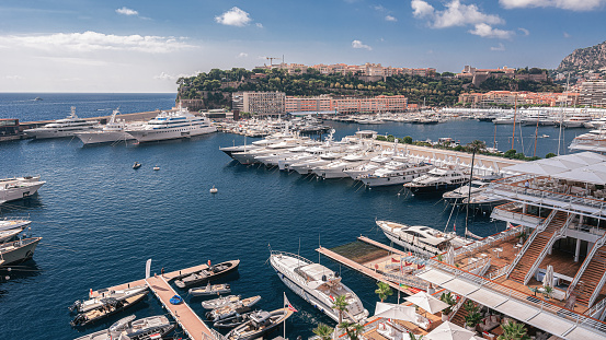 Aerial view of Fontvieille harbor with boats and yachts pictured in principality of Monaco, southern France