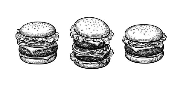 illustrations, cliparts, dessins animés et icônes de croquis d’encre de hamburger. - mustard mayonnaise condiment relish
