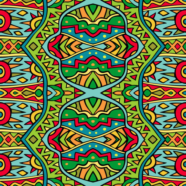 Ethnic repeat pattern in red and green colours. Abstract seamless tribal ornament. Repeatable background design. Tileable fancy backdrop. Aztec style inspired art. Vector illustration. christmas batik fabric stock illustrations