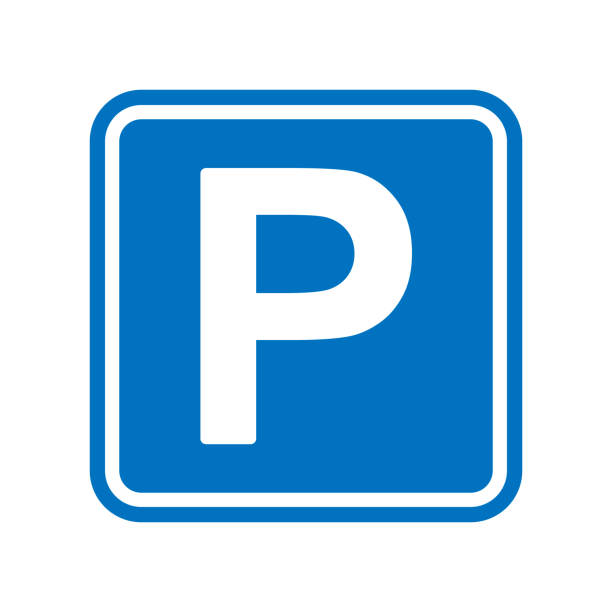 Blue square parking sign with a white capital letter P Isolated parking sign vector illustration park man made space stock illustrations