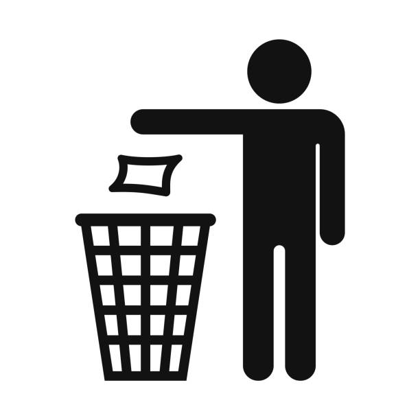 Recycle symbol, Stick man throwing trash into garbage can Vector illustration of a recycling sign garbage can stock illustrations