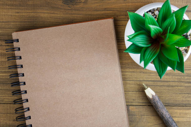 notepad on a wooden background, next to a ballpoint pen and a flower in a pot. blank notepad. copy space - spiral notebook imagens e fotografias de stock