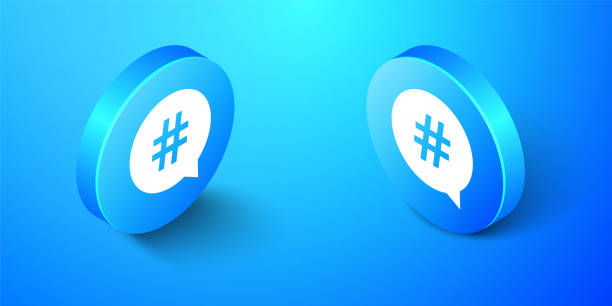 istock Isometric Hashtag in circle icon isolated on blue background. Social media symbol, concept of number sign, social media, micro blogging pr popularity. Blue circle button. Vector 1268259647