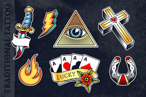 Set of most popular old school tattoo illustrations: knife, flash, triangle with eye, cross, flame, poker cards and horseshoe. All elements grouped and isolated on dark background. EPS10 vector illustrations.