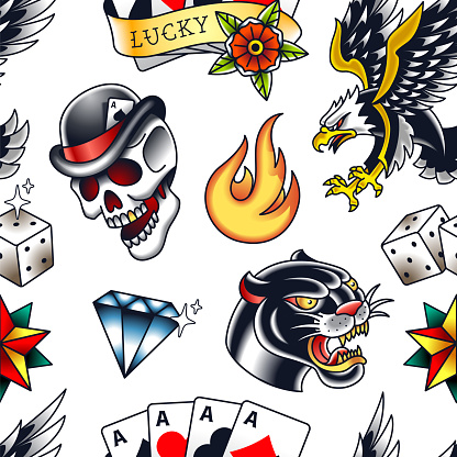 Traditional tattoo vector seamless pattern with popular old school elements: panther, skull, diamond, fire, dice, star, poker cards and eagle. Endless retro style pattern with bright colors. EPS10 vector illustration.