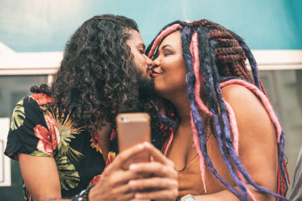 Kissing mouth selfie Selfie, Punk Couple, Love, Technology, Brazil kissing on the mouth stock pictures, royalty-free photos & images