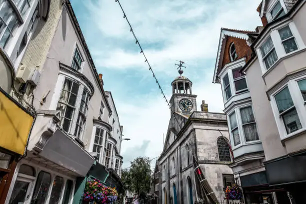 Low Angle View Of Street And Church In Weymouth, UK