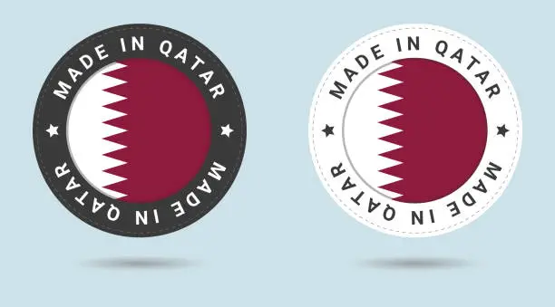 Vector illustration of Set of two Qatar stickers. Made in Qatar. Simple icons with flags.