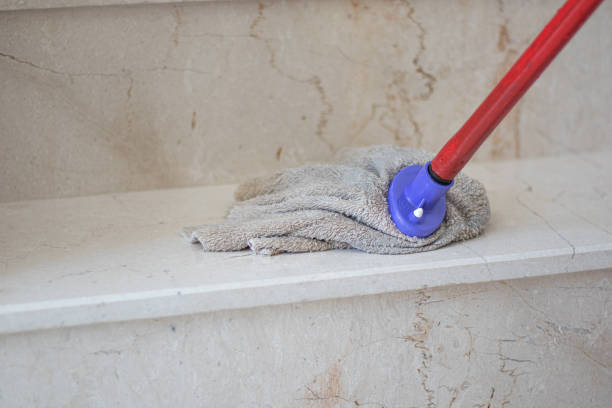 Portrait of woman with hand on the forehead tired from cleaning chores.