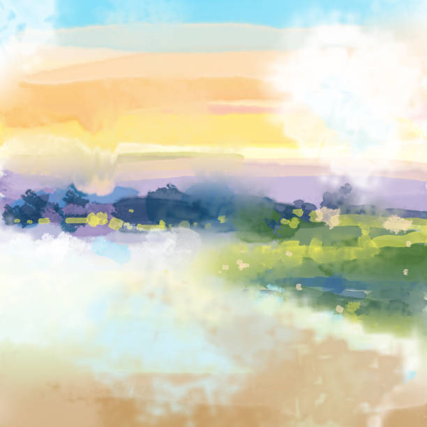 Abstract Sunset Landscape Watercolor Digital Painting vector art illustration