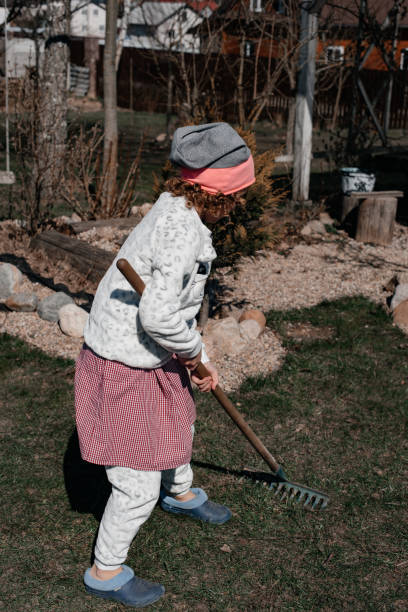 istock The child collects the cut grass with a rake. 1268263347