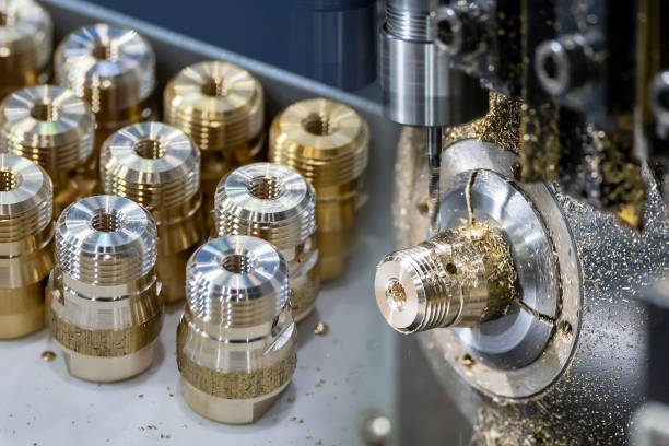 The  abstract scene multi-tasking CNC lathe machine swiss type and pipe connector parts. The hi-technology brass fitting connector manufacturing by machining center.