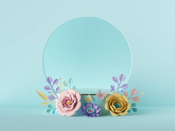 istock .3d render, abstract holiday botanical pastel blue background. Blank floral poster mockup. Round frame, craft paper flowers. Shop product display, empty podium, showcase stand, vacant pedestal stage 1268265240