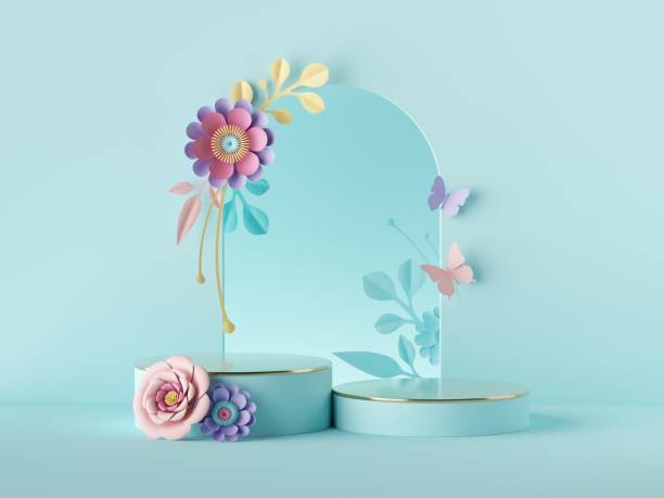 istock 3d render, abstract blue botanical floral background. Frame with colorful paper flowers, botanical arch. Shop product showcase display, empty podium, vacant pedestal, round stand. Blank poster mockup 1268265244