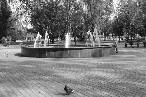 Moscow region, Russia - August 24, 2020: Young family is resting near the fountain in town park
