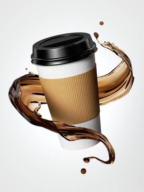 istock 3d rendering, disposable paper cup for hot drink with brown splash isolated on white background, take away coffee mockup 1268265792