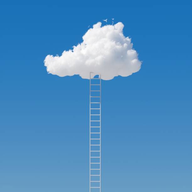 istock 3d render, ladder reaches the white cloud on the blue sky. Motivation metaphor, surreal dream, challenge concept 1268266049