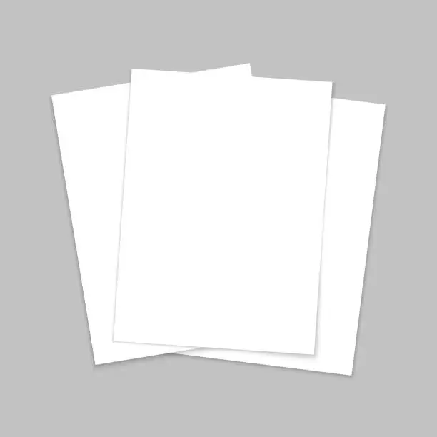 Vector illustration of Mockup paper. Blank template of leaflet. A4 cover and flyer. Stack of white sheets. Page for brochure and postcard. Mock of document with shadow. Three letters in front for booklet and book. Vector