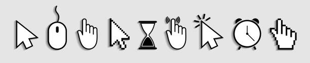 Cursor of mouse with arrow, hand and hourglass. Icons of click for web and computer. Finger of pointer for website. Symbol of internet link and press to button. Set of logos for navigation. Vector Cursor of mouse with arrow, hand and hourglass. Icons of click for web and computer. Finger of pointer for website. Symbol of internet link and press to button. Set of logos for navigation. Vector. clock hand stock illustrations