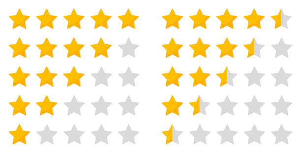 Star rating. Five icon for review and rate. 5 whole stars and 5 half of stars for evaluation. Ranking of quality, hotel. Service for customer. Gold symbols in row for vote on white background. Vector Star rating. Five icon for review and rate. 5 whole stars and 5 half of stars for evaluation. Ranking of quality, hotel. Service for customer. Gold symbols in row for vote on white background. Vector. birch gold group reviews with reviews stock illustrations