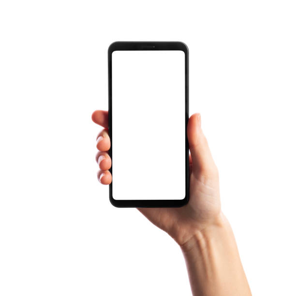 istock Woman holding smartphone with empty screen isolated on white background, front view. Space for text 1268269159